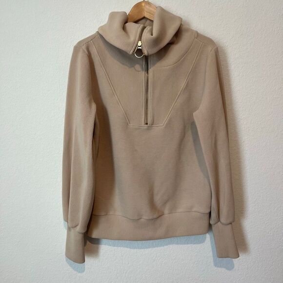Varley Taupe Marl Vine Half Zip Ottoman Ribbed Knit Sweatshirt Women's Size XS - Picture 2 of 6